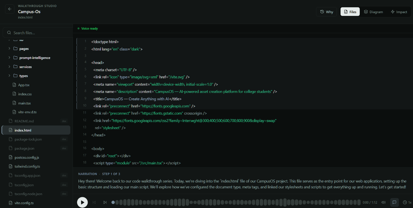 Walkthrough Studio showing line-by-line narrated execution paths